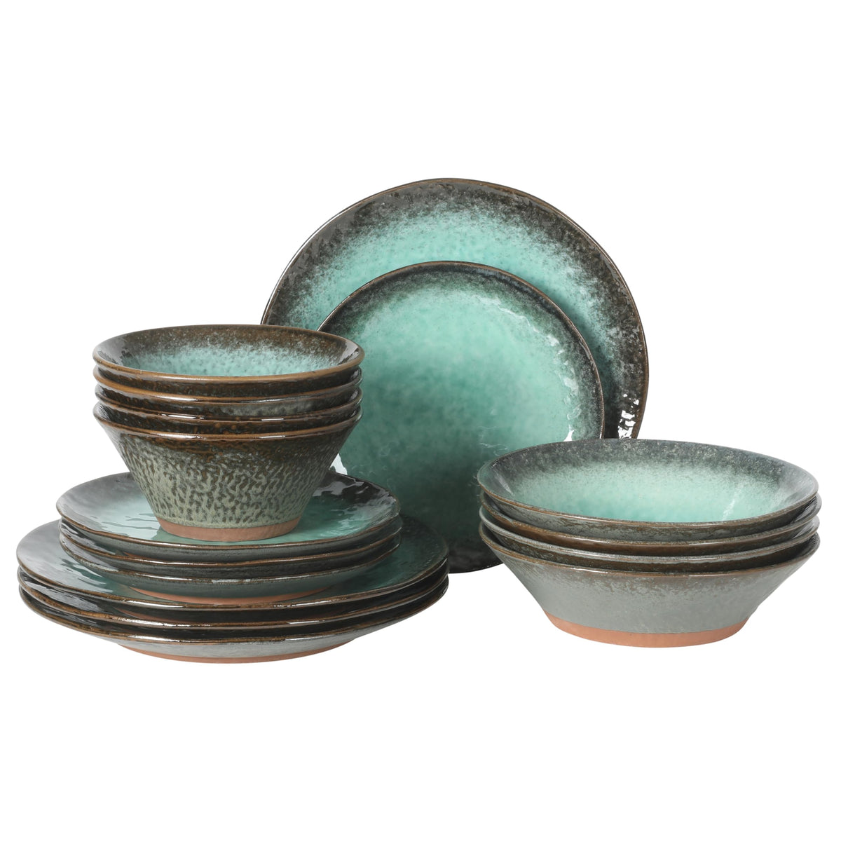 Gibson Elite Mayfair Bay 16-Piece Embossed Double Bowl Dinnerware Set, Service for 4 – Blue Stoneware Plates and Bowls