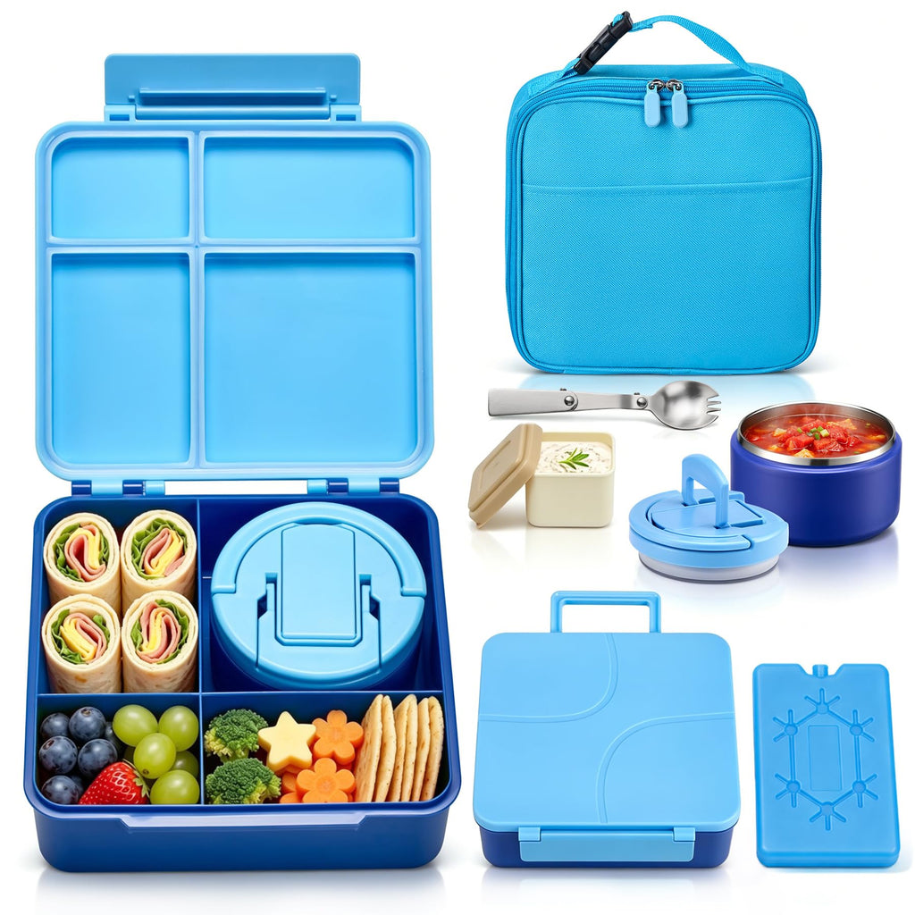 Bento Lunch Box with 8oz Soup Thermo,Kids Leakproof 4 Compartment Lunch Food Containers with Sauce Cup and Ice Pack,Kids Thermo Insulated Hot Food Jar and Lunch Bag for School,Trvael-Green