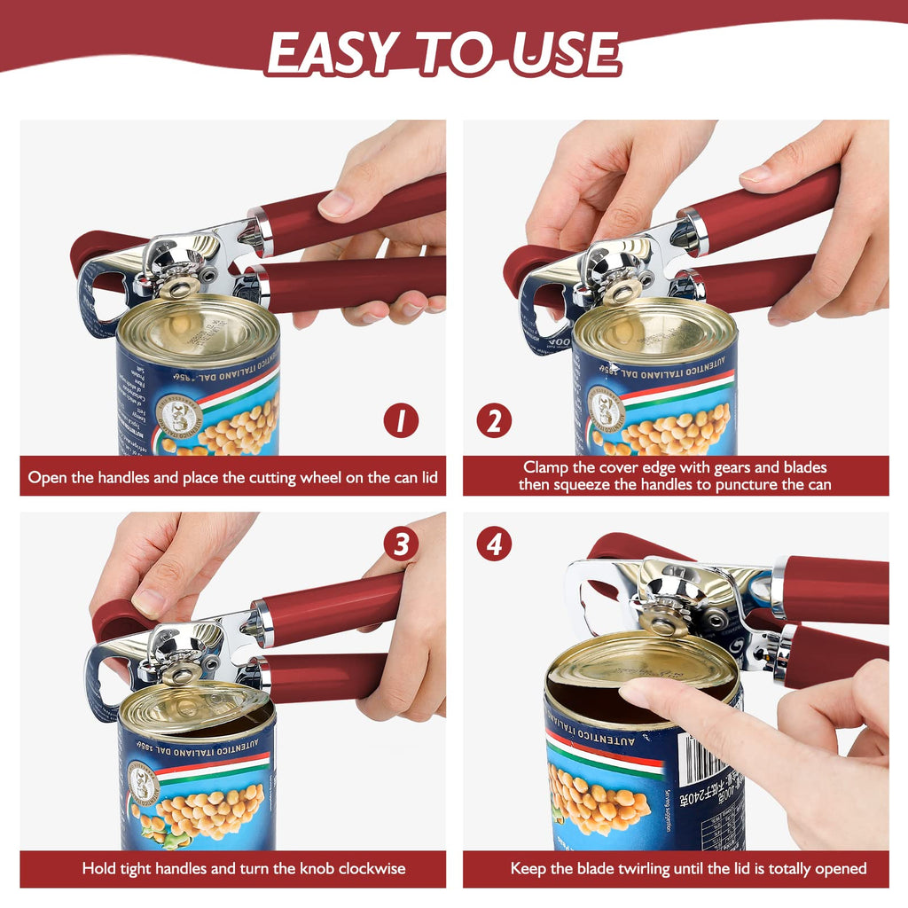 Mebotem 10 Colors Can Opener Manual Handheld Heavy Duty Hand Can Opener Smooth Edge Stainless Steel Can Openers Top Lid Kitchen Gadgets, Best Large Rated Easy Turn Knob, with Bottle Opener, Burgundy