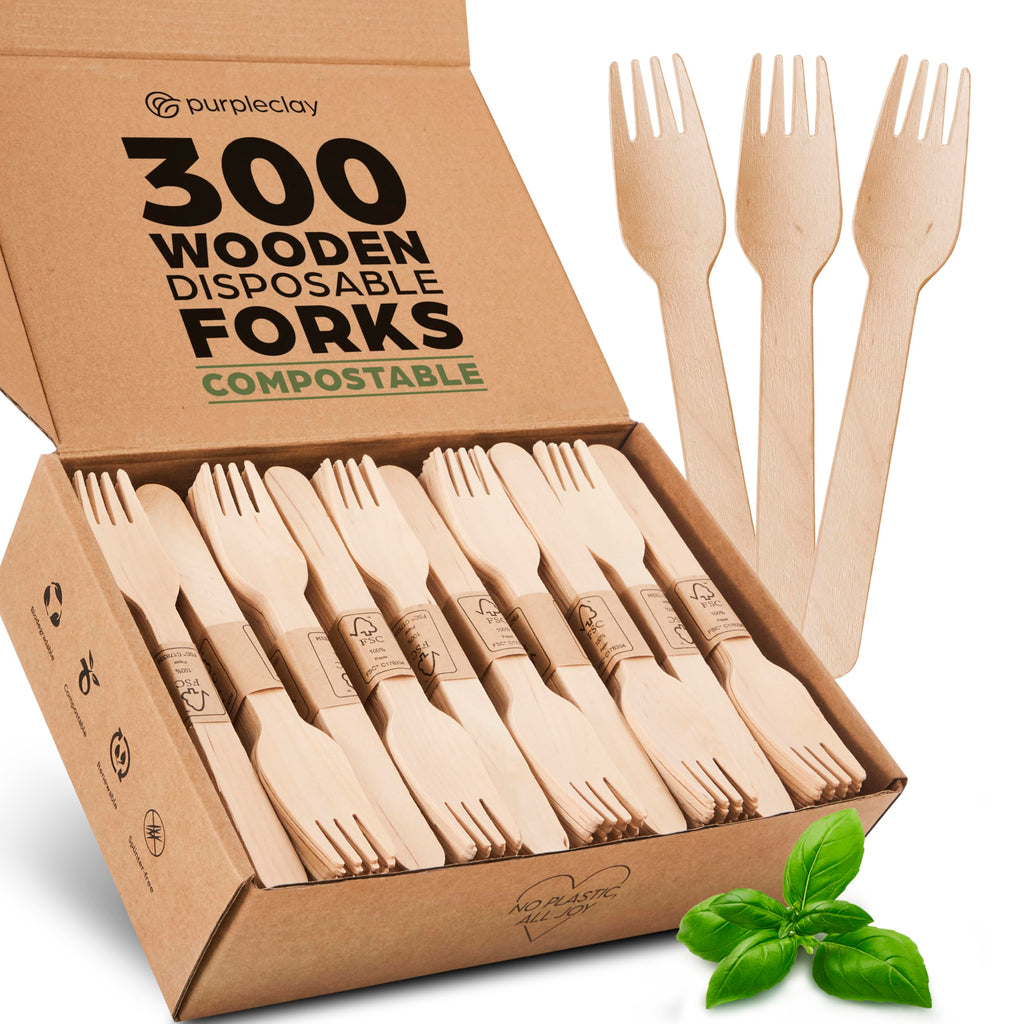 PURPLECLAY Wooden Knives Disposable – 300 Piece Wood Compostable Knives, Eco-Friendly Biodegradable Cutlery Set, Charcuterie Accessories Disposable, Wooden Knife for Parties, Plastic-Free Utensils