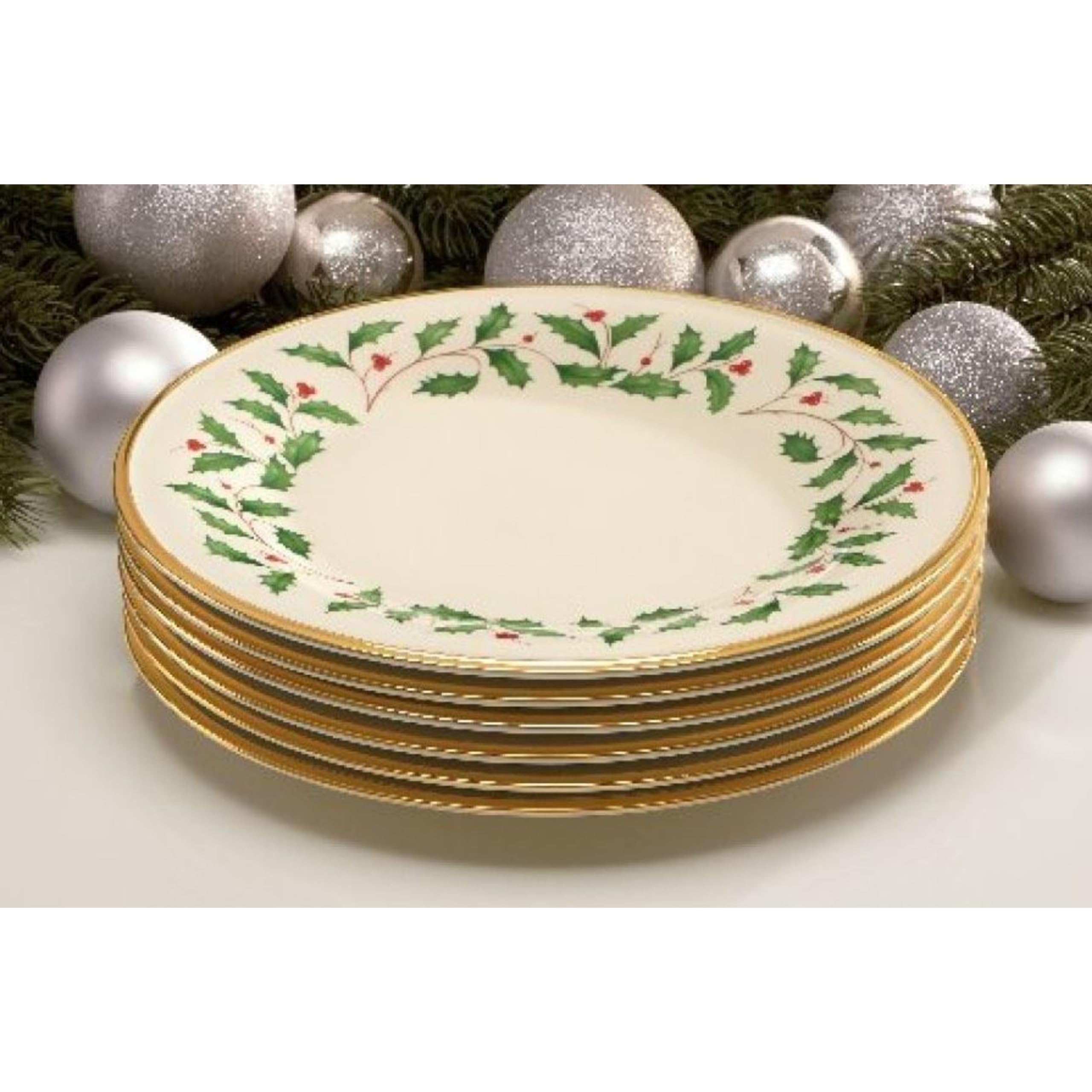 Lenox Holiday 6-Piece Dinner Plates Dinnerware Set, Service For 6, Porcelain, Dishwasher Safe, Round Plates Set, Holiday Red & Green, Perfect for Gatherings, Christmas Dinnerware (Ivory, 6 Piece)
