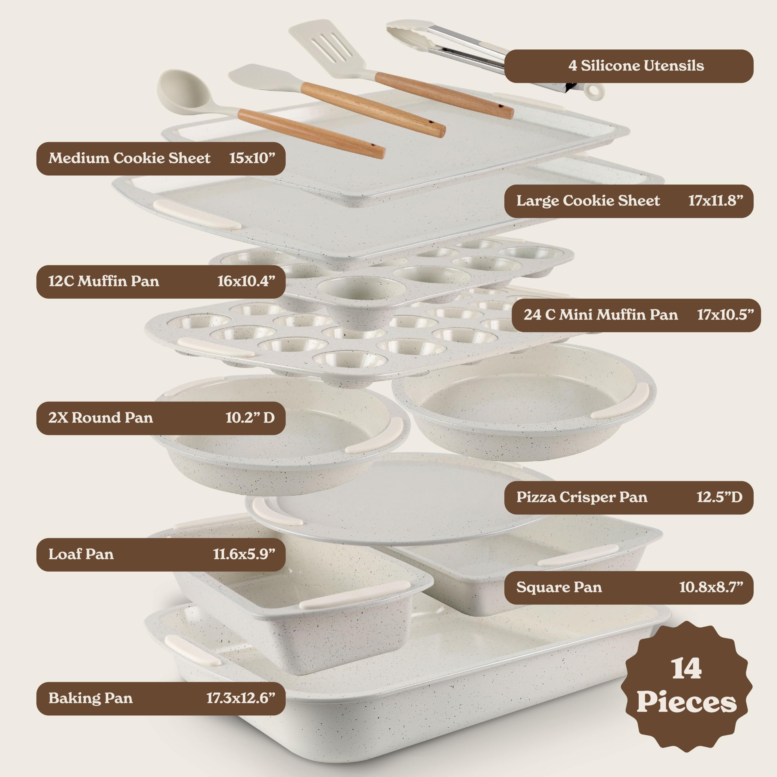 Country Kitchen Nonstick Stackable Bakeware Set - Durable, Easy Release Baking Set, Cream, 14 Pcs
