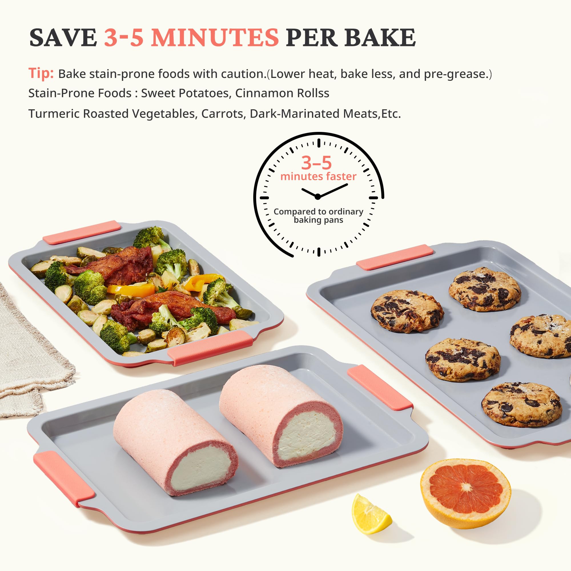 BRONYPRO Non Stick Ceramic Baking Sheet Pan Set of 3, Natural Non Toxic Cookie Sheets for Baking - PFOA, PTFE Free, Heavy Duty Aluminized Steel Oven Trays for Cooking with Silicone Handles, Coral