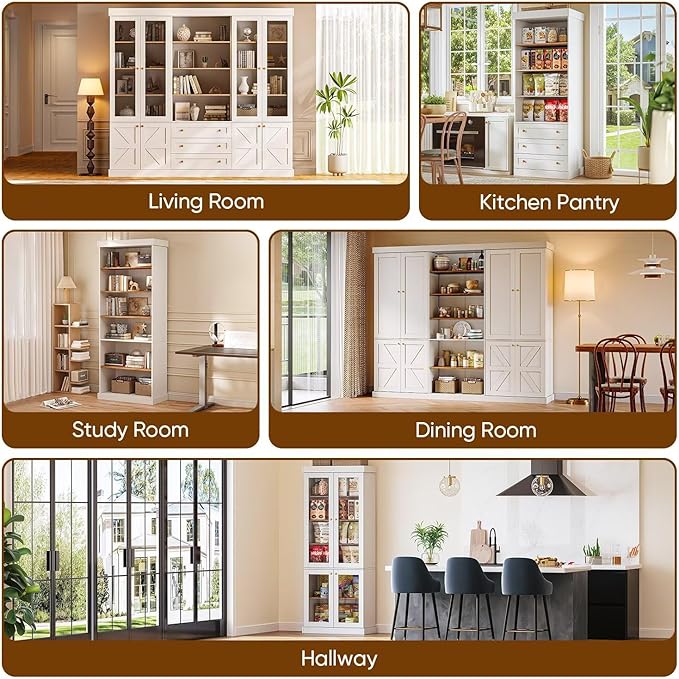 70.8" Tall Farmhouse Kitchen Pantry Cabinet, Modular Storage Cabinet with 6-Tier Adjustable Shelves, White, Wooden Hutch for Living Room, Kitchen