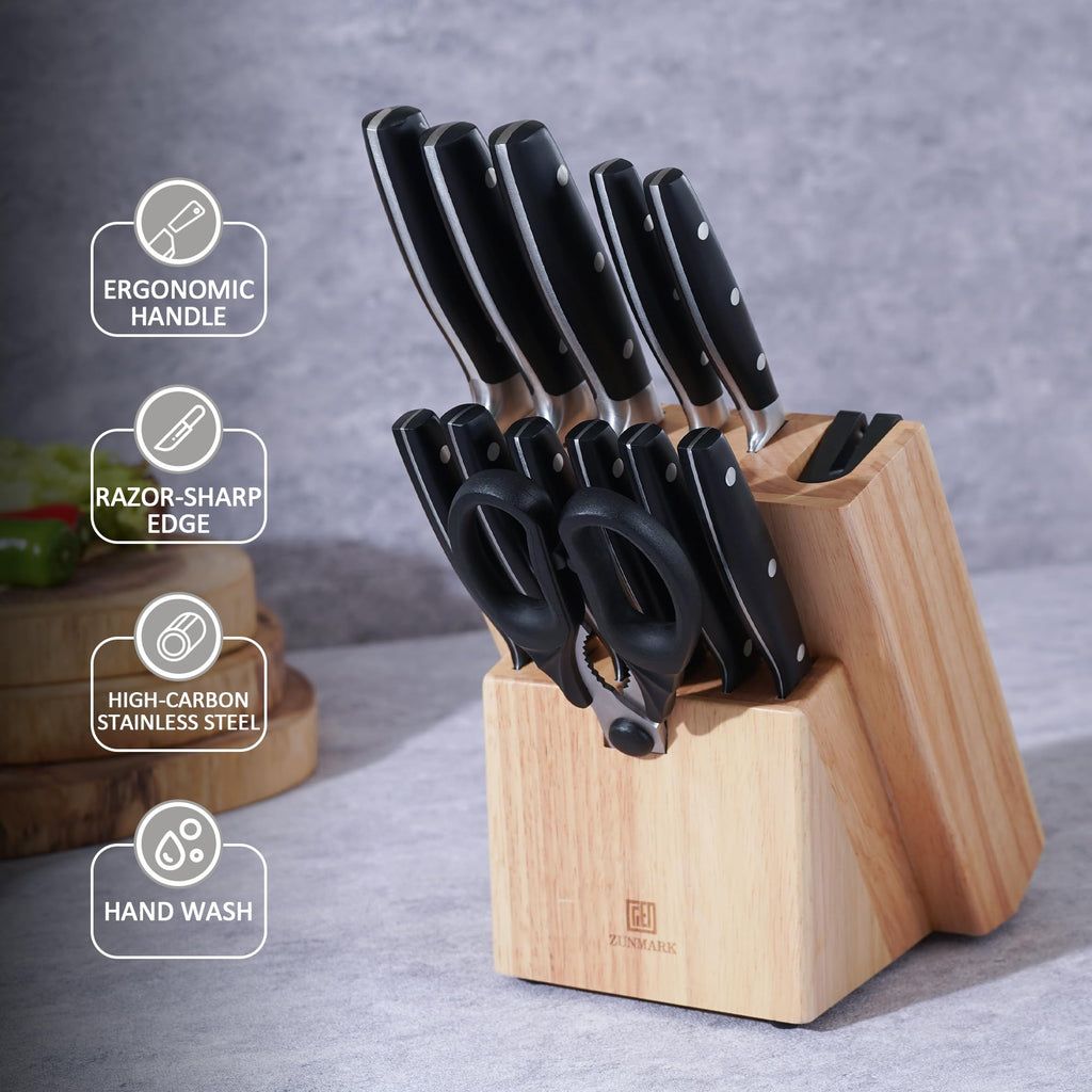 ZUNMARK Kitchen Knife Set, Professional 13 Piece Knife Set with Block and Sharpener, Sharp Chef Knife Set, Ideal for Home and Restaurants, Elegant Black