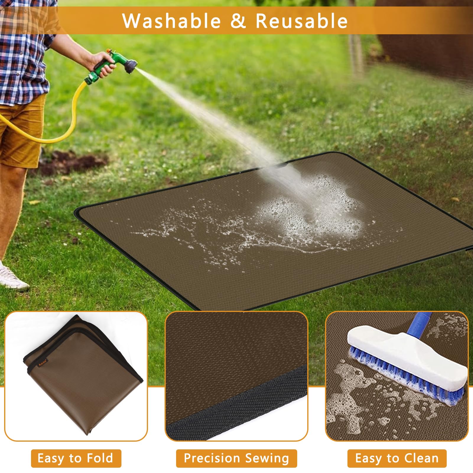 Anze Under Grill Mat for Outdoor Grill, 38x65 Inch Anti-Slip BBQ Floor Mats, Easy to Clean Reusable Fireproof Grill Pad, Oil-Proof Waterproof Protector for Indoor Fireplace Pit Mat Brown
