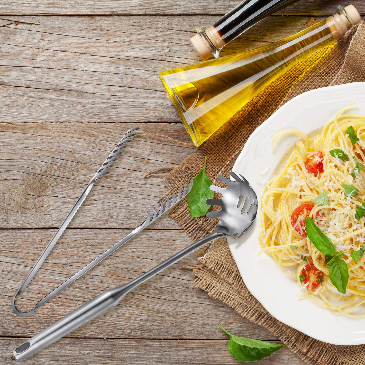 Patelai Stainless Steel Spaghetti Spoon and Pasta Tongs Set, Long Handle Noodle Server Tools with Drain Holes, Non-slip Grip for Cooking, Serving Pasta and Noodles(Sliver)