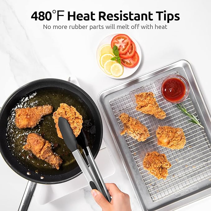 Heat Resistant Silicone Kitchen Tong: U-Taste 12 inch Large 480ºF Hot Proof Cooking Tong with Sturdy Non Stick Rubber Tips & Silicon Coated Steel Handle & Smooth Locking for Serving Grill Salad(Black)