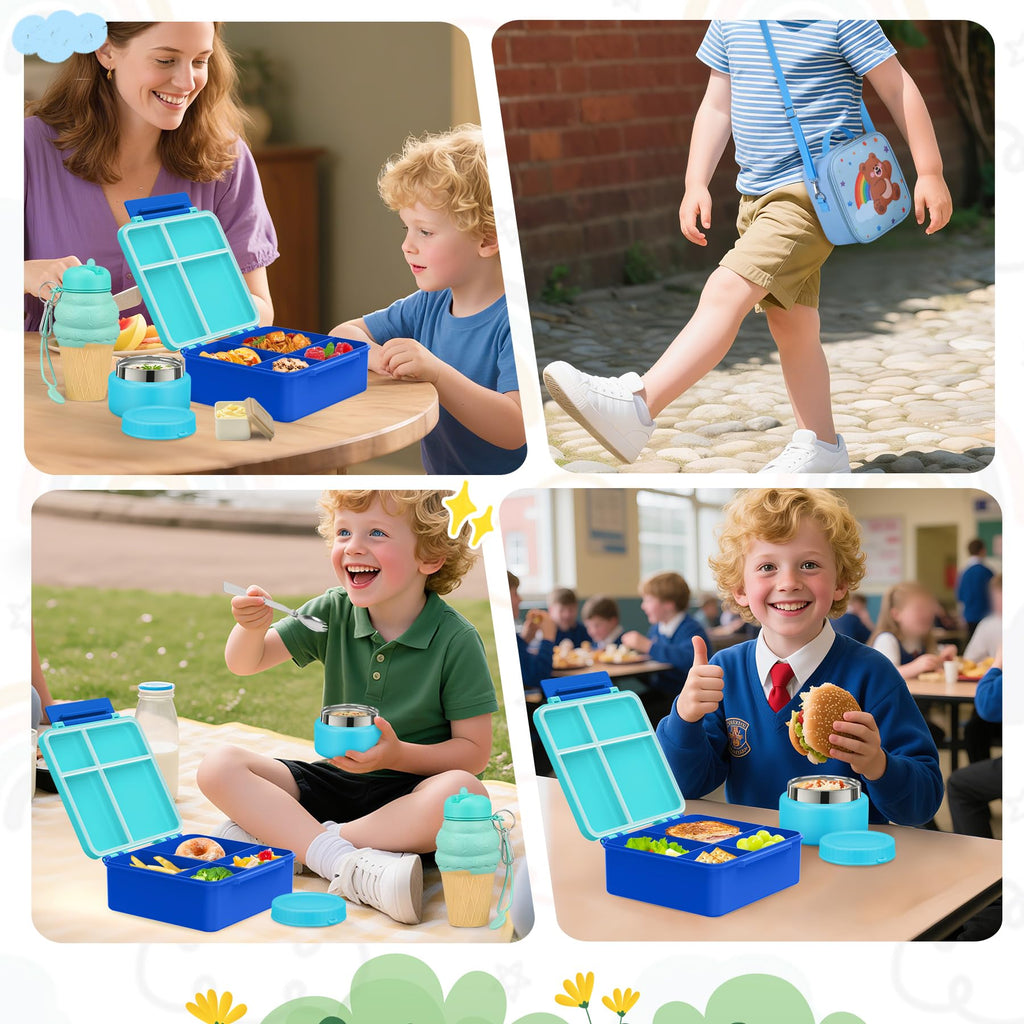 HAWEEK Lunch Box Kids with 5 Compartments, Insulated Food Jar & Utensil & Sauce Container & Lunch Bag & Silicone Collapsible Cup, Leak Proof Bento Box, BPA-Free & Dishwasher Safe-Blue