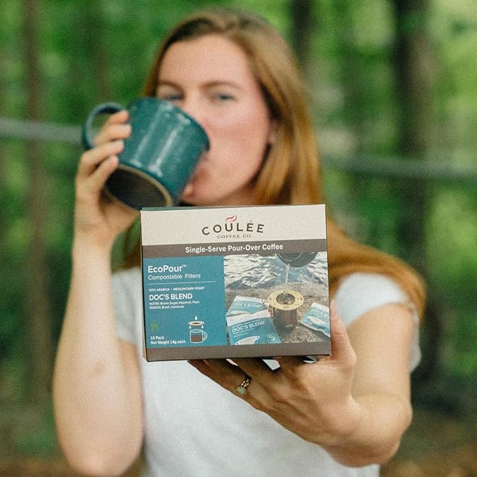 Coulée EcoPour Doc's Blend Coffee, Single Serve Pour Over Arabic Coffee, Dark Roast, Use for Camping or Traveling, Pre Filled Compostable Filters, Ready to Brew with Hot Water, 20 Pack