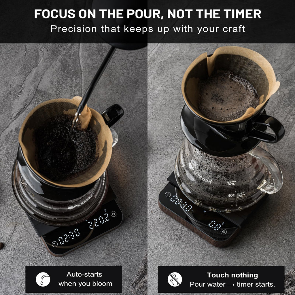 KitchenTour CaféMetric Coffee Scale with Timer 0.1g/2000g - Precision Small Scale for Espresso & Pour Over - Mini Scale with LED Display Recharge Wood
