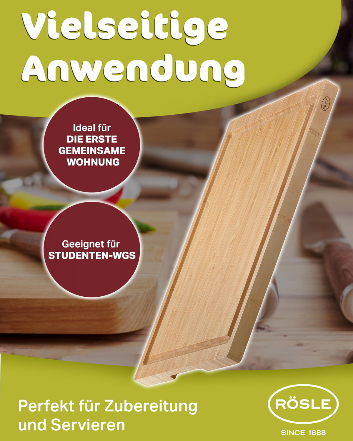 Rsle Basics Line Bamboo Cutting Board with Drip Channel, 15in x 10in
