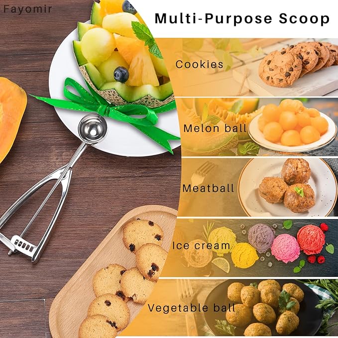 Fayomir Cookie Scoop Set - Small/1 Tbsp, Medium/2 Tbsp, Large/3 Tbsp - Cookie Dough Scoop, Cookie Scoops for Baking Set of 3, Heavy-Duty 18/8 Stainless Steel Melon Baller Scoop Ice Cream Scoop