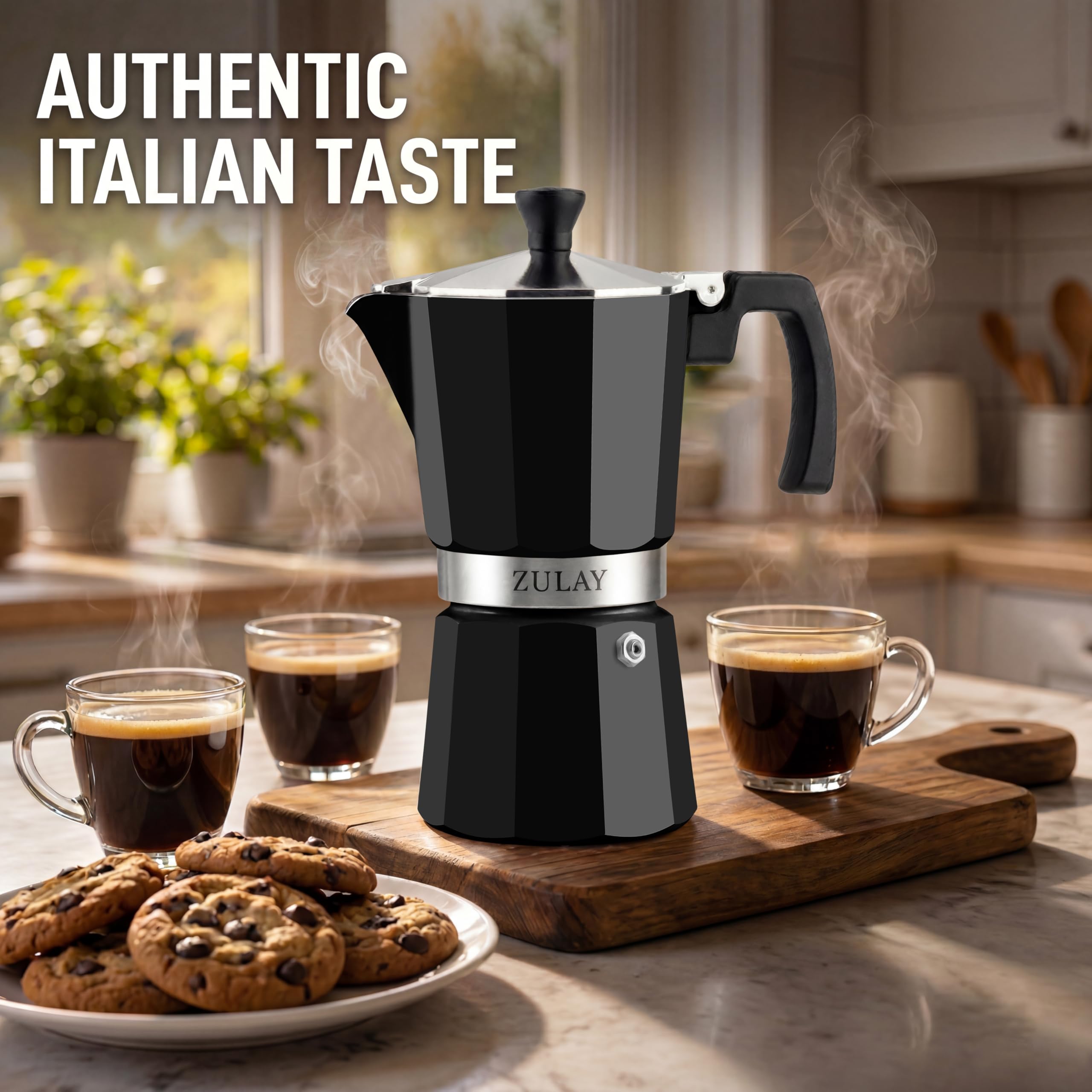 Zulay Moka Pot Espresso Stovetop Coffee Maker - Leak-Proof, Stainless Steel, Easy to Clean, Heat Resistant Handle & Knob - for Authentic Cuban & Italian Style Espresso - Makes 9 Espresso Cups - Black