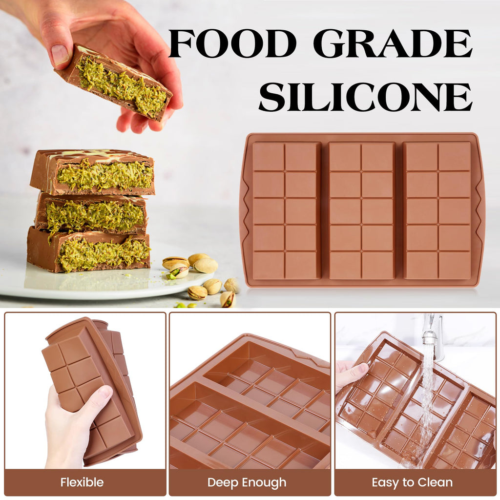 KASHME 1 Pc Chocolate Bar Mold Deep Large Chocolate Molds Silicone Break Apart Thick Silicone Molds for Candy Bar, With 100 Pcs Bags and 1 Pc Scraper Set (10 Snap）