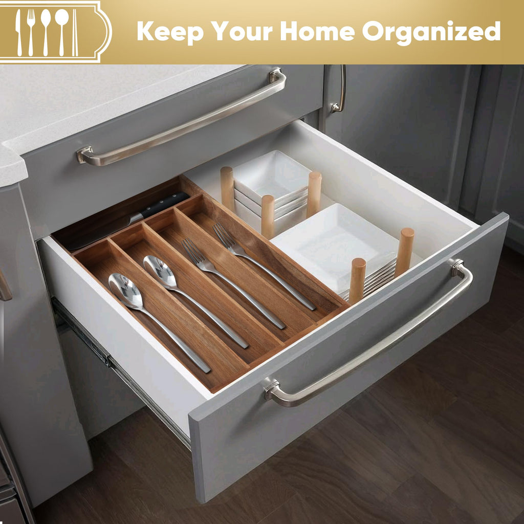 SUNBREATH Silverware Organizer, 10 Inch Utensil Organizer Kitchen Drawer Organizer Acacia Silverware Holder Cutlery Tray Organizer in Drawer Flatware Organizer Tray(5 slots, Acacia