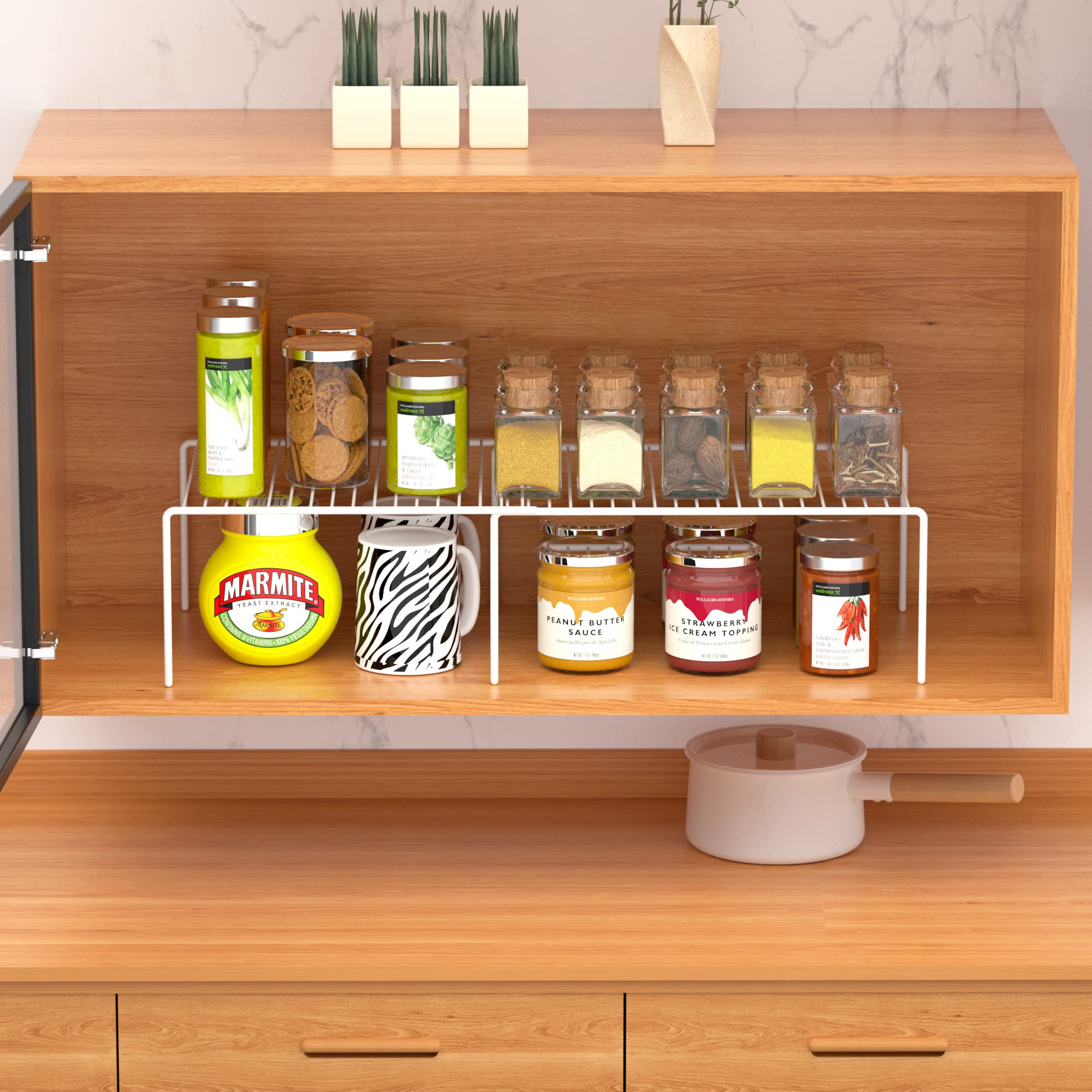 iPEGTOP Freezer Cabinet Storage Shelf Set of 4, 8 Pieces Expandable Metal Rustproof Spice Rack, Adjustable Kitchen Organizer Counter Fridge Pantry Shelf Space Saver (White)