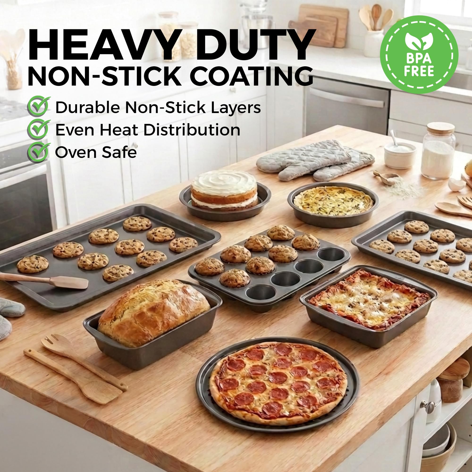 PERLLI Non-Stick 8-Piece Bakeware Set – Carbon Steel with Even Heat Distribution, Oven Safe to 446°F, BPA-Free, Dishwasher Safe, Stackable Baking Tools for Easy Storage and Everyday Cooking - Gray