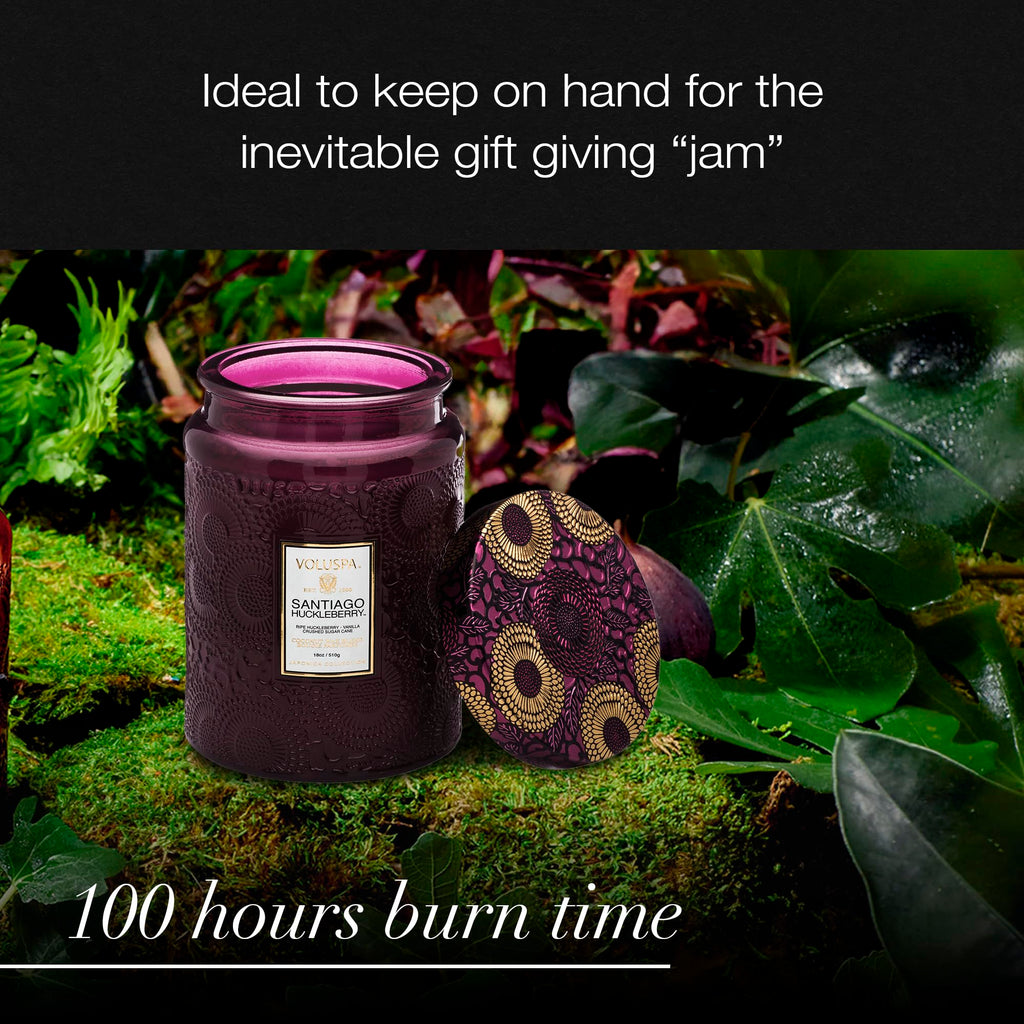 Voluspa Santiago Huckleberry, Large Candle Jar, 18 oz, 100 Hour Burn Time, All Natural Wicks and Coconut Wax for Clean Burning, Vegan, Poured in The USA