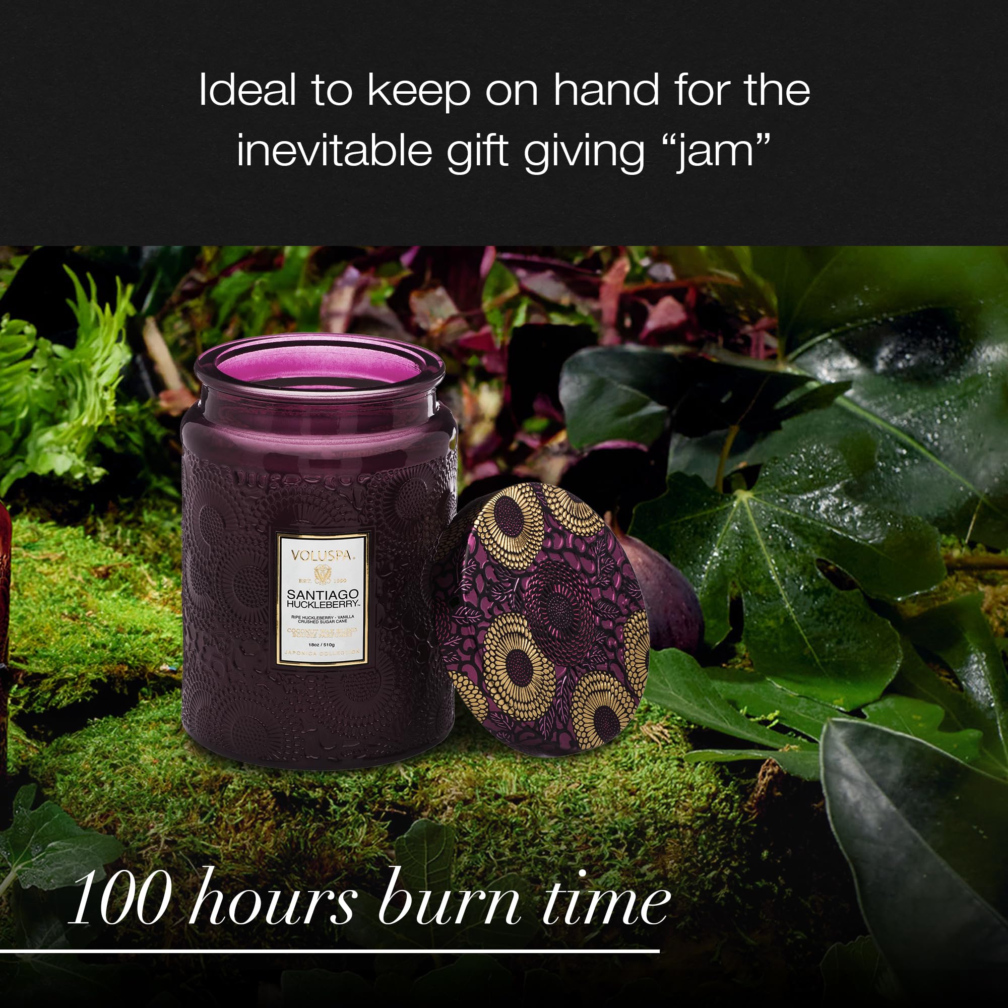 Voluspa Santiago Huckleberry, Large Candle Jar, 18 oz, 100 Hour Burn Time, All Natural Wicks and Coconut Wax for Clean Burning, Vegan, Poured in The USA