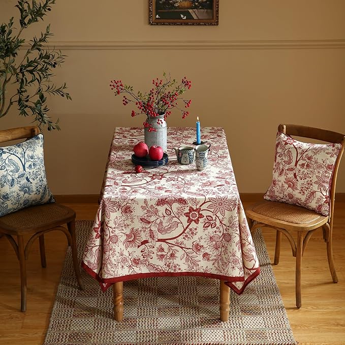 ISAENNE Designer French Linen Extra Long Rectangle Tablecloth,Red Floral Washable Indoor Table Cloth,Durable Home Decor Tablecloths for Dining Thanksgiving Kitchen Party,63"*110"-Ruyi A
