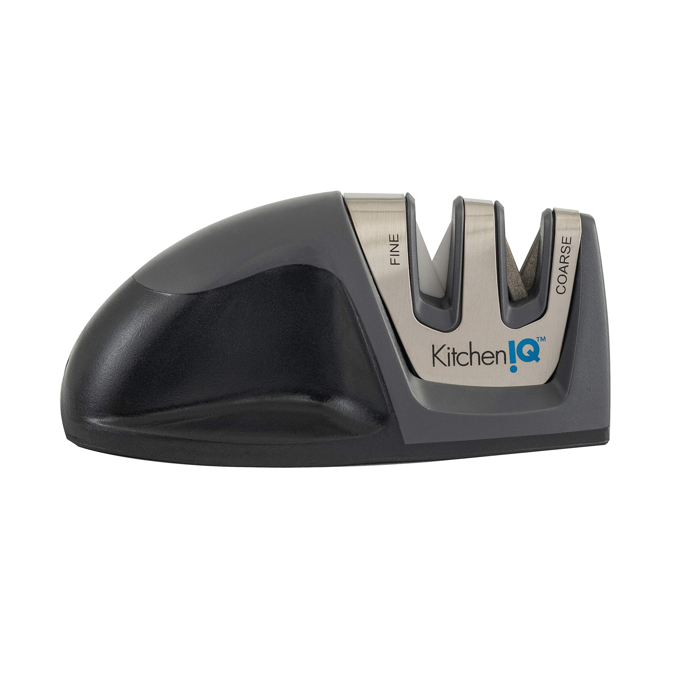 KitchenIQ 50825 | Diamond Deluxe Edge Grip 2-Stage Knife Sharpener | Black | Coarse & Fine Sharpeners | Compact for Easy Storage | Non-Slip Base | Soft Grip Rubber Handle | Straight & Serrated Knives