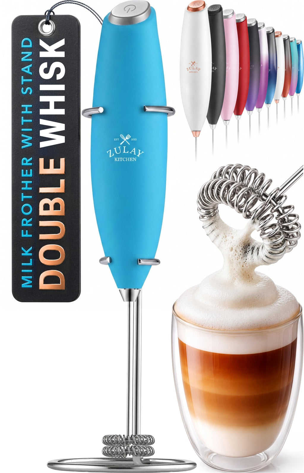 Zulay Powerful Milk Frother for Coffee with Upgraded Titanium Motor - Handheld Electric Whisk, Milk Foamer, Mini Mixer & Coffee Blender for Frappe, Latte, Matcha, No Stand - Ocean Blue