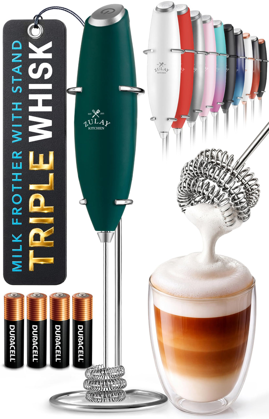 Zulay Kitchen Powerful Milk Frother Wand With Duracell Batteries - Ultra Fast Handheld Drink Mixer - Electric Whisk Foam Maker for Coffee, Lattes, Cappuccino & Matcha - Z1 Motor - Aqua
