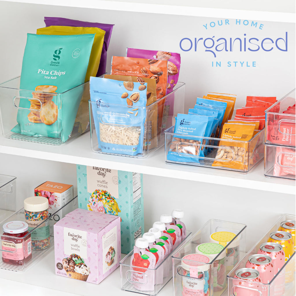Plastic Food Storage 6 Pack Clear Container Bin with Handles for Organizing Kitchen, Pantry, Fridge, Freezer, Pantry,Bathroom. 10"x6"x5"