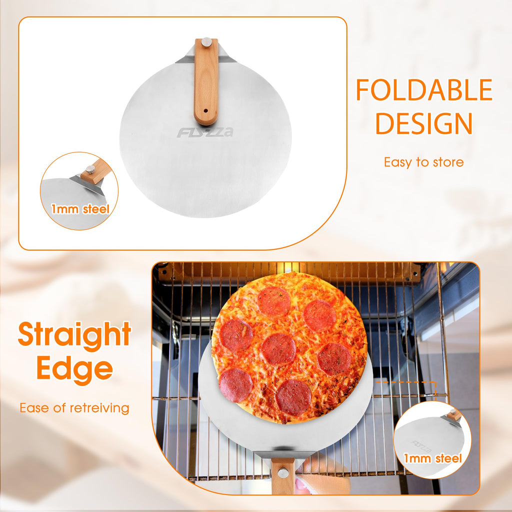 FLYZZA 12 inch Stainless Pizza Peel for Large Oven, Pizza Spatula with Foldable Wood Handle for Indoor & Outdoor Pizza Oven Baking, Turing Peel for Pizza, Dough, Bread Pastry