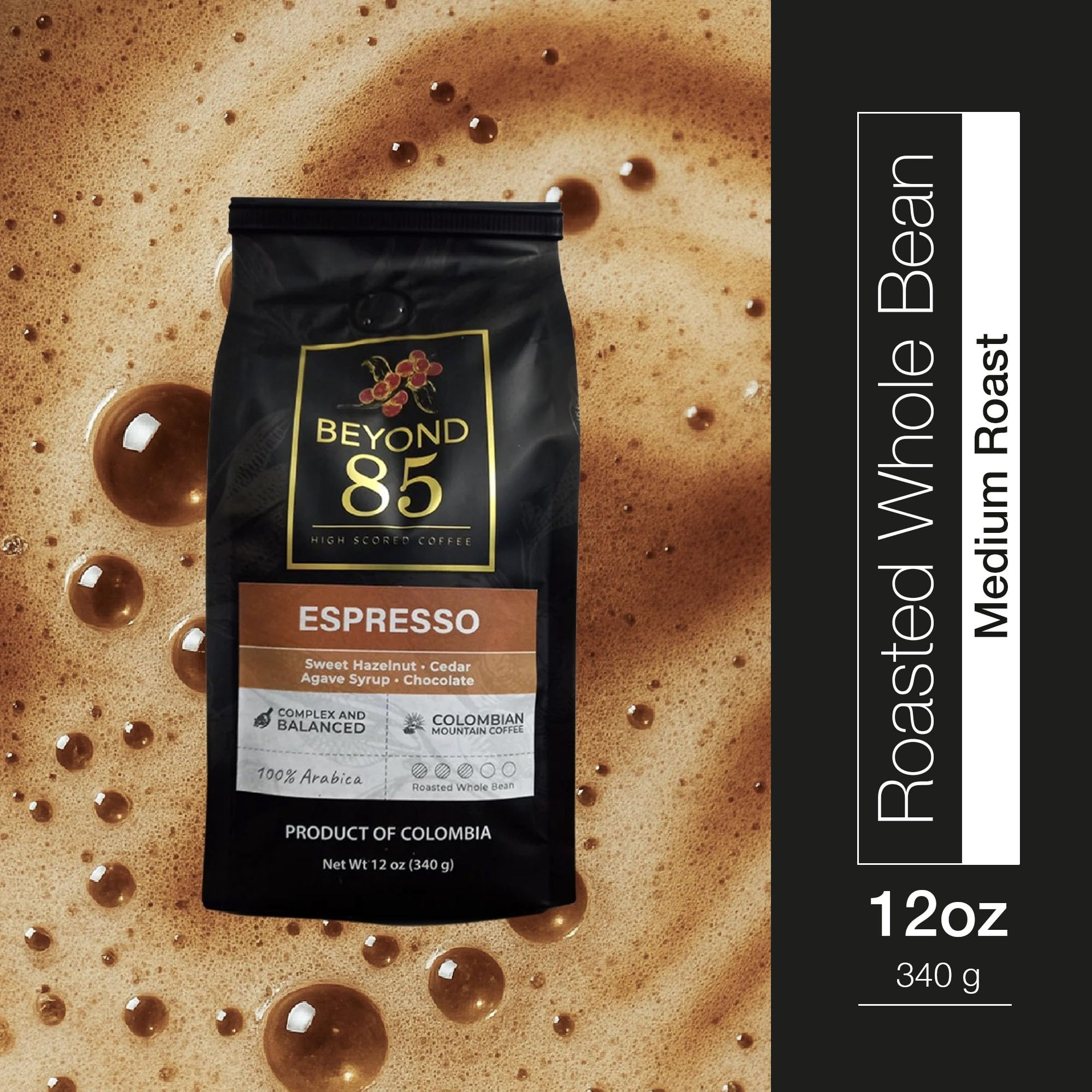 BEYOND 85 COFFEE, Espresso, Premium Colombian Coffee, Medium Roast, Fruity, Nutty & Chocolatey Notes, Whole Bean, 12 OZ