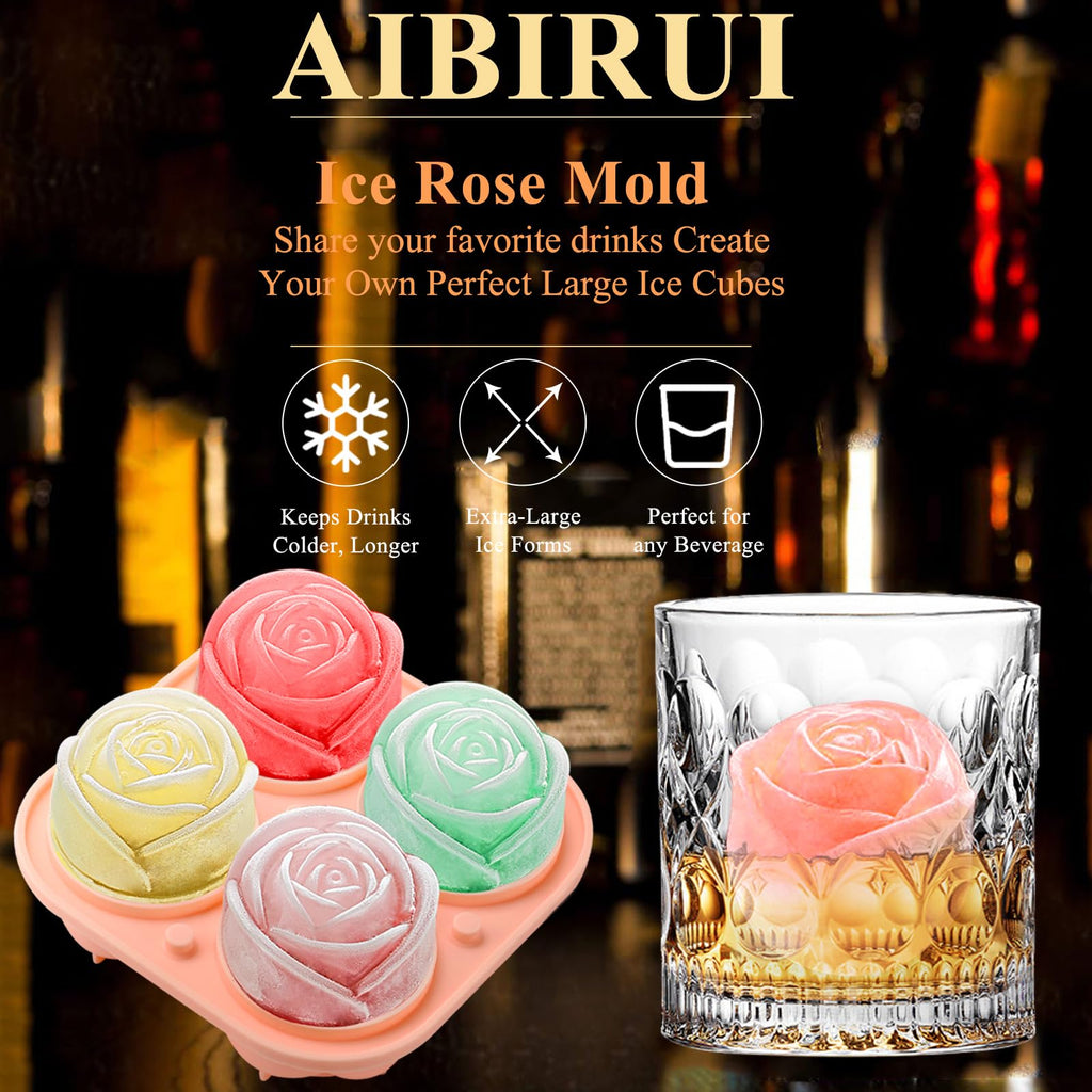 Aibirui Rose Ice Cube Mold,2" x 4 ices,Large Ice Cube Molds,Ice Cube Tray