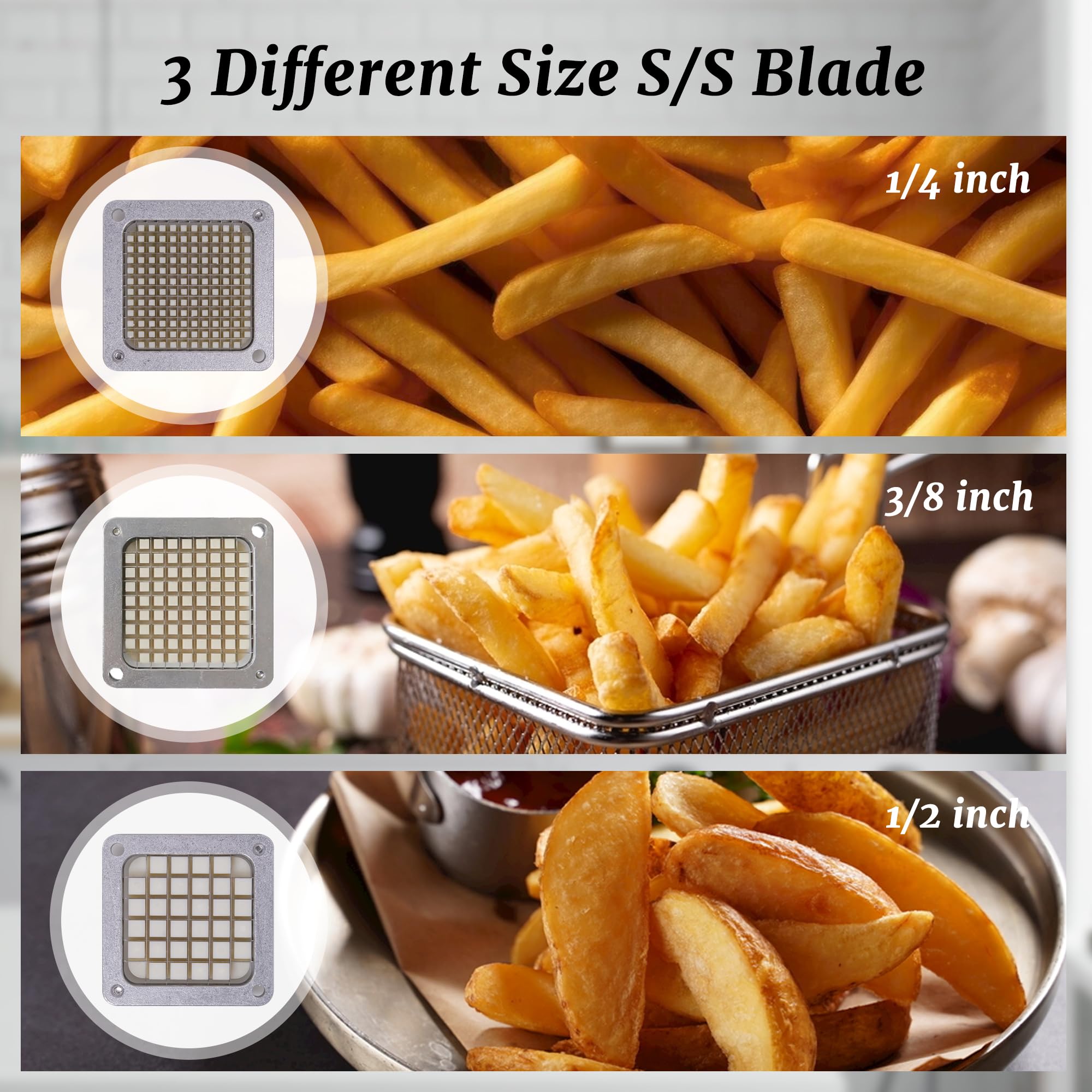 Hakka French Fry Cutter, Commercial Vegetable Chopper Potato Slicer Stainless Steel French Fries Machine with Suction Feet for Patatoes/Carrots/Cucumbers, including 3 Blades(1/4", 3/8",1/2")