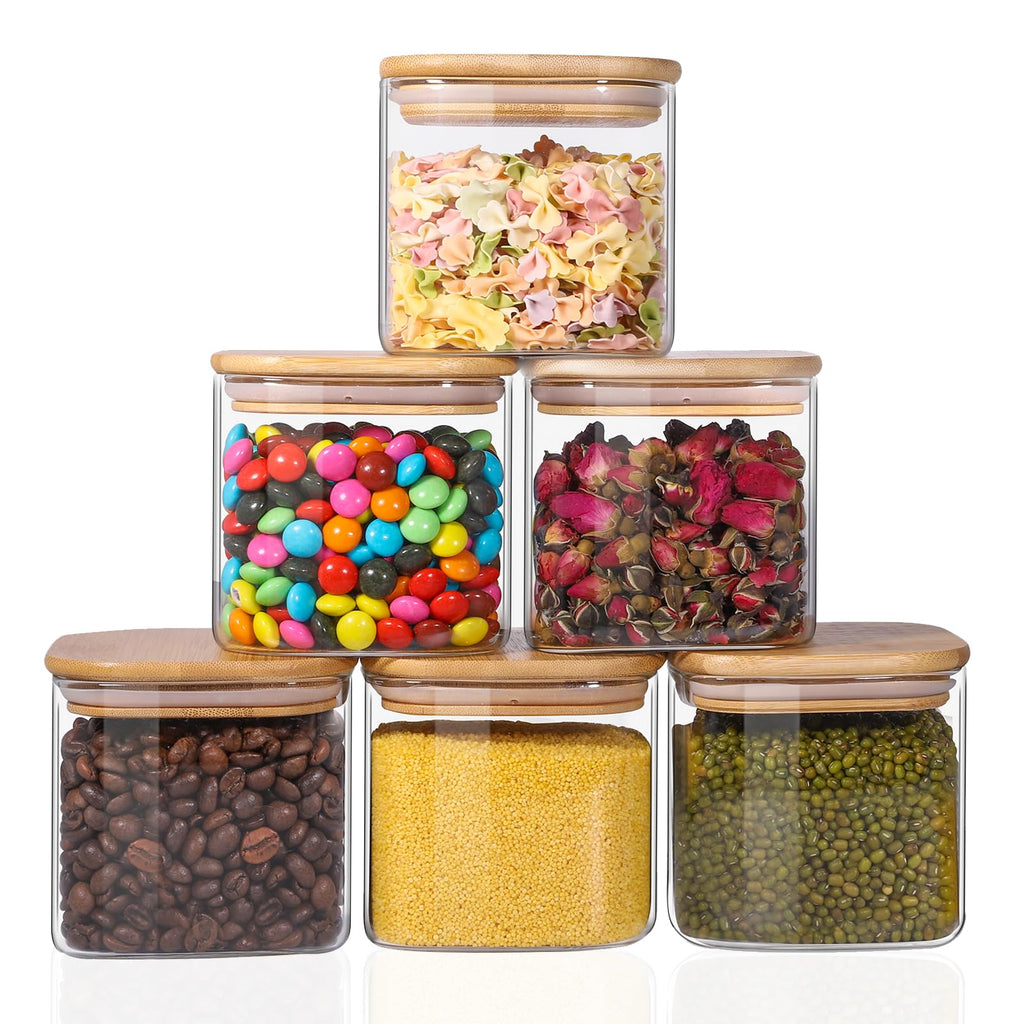 Liuruiyu Glass Food Storage Jars 6-Pack 37oz - 4x6 in-Clear Glass Food Canisters with Bamboo Lid Airtight For Serving Tea, Coffee, Flour, Sugar, Candy, Cookie, Spice and More (Circular)