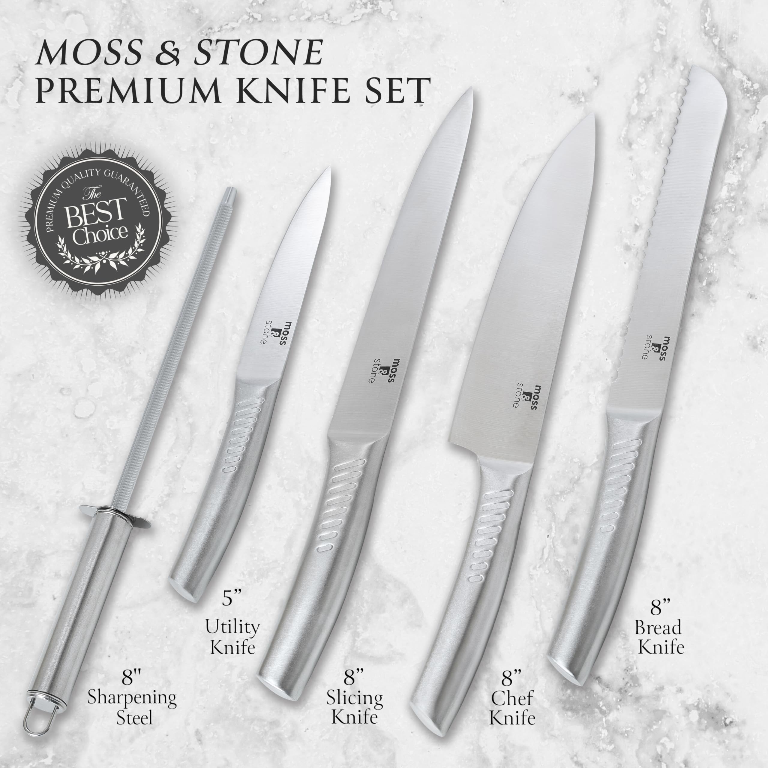 Moss & Stone Small 6 Pcs Kitchen Knife Set with Block, Stainless Steel