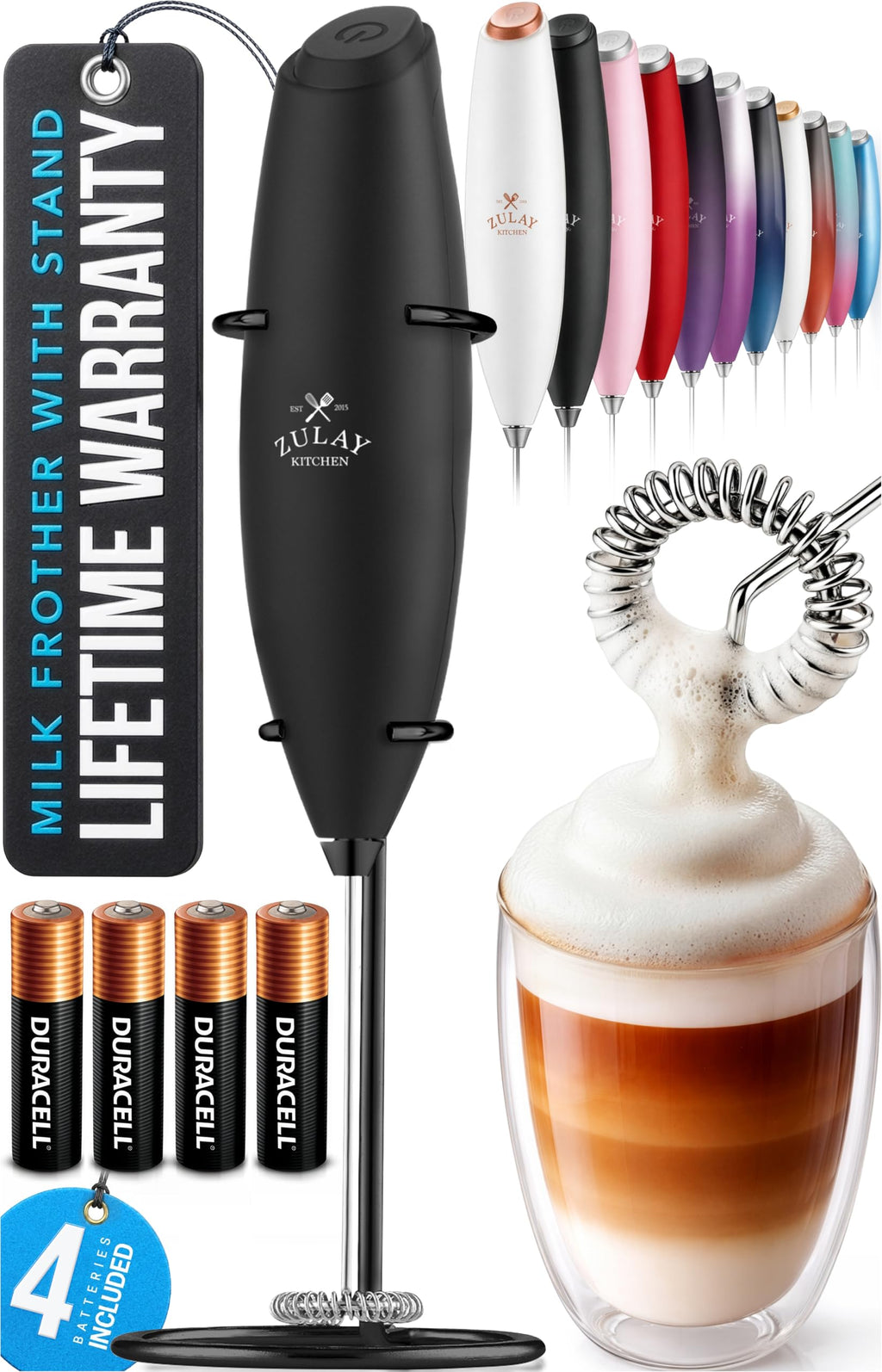 Zulay Kitchen Powerful Milk Frother Wand With Duracell Batteries - Ultra Fast Handheld Drink Mixer - Electric Whisk Foam Maker for Coffee, Lattes, Cappuccino & Matcha - Z1 Motor - Aqua