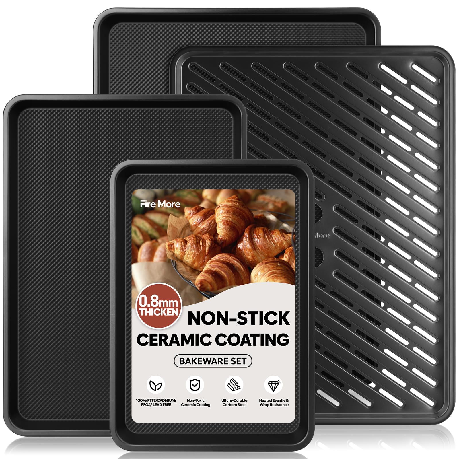 Nonstick Baking Sheet Set with Cooling Rack, 4-Piece Cookie Sheets for Baking, 0.8mm Heavy Duty Carbon Steel Oven Pans, Ceramic Coated Half Sheet, Jelly Roll Pan & Quarter Sheet, PFOA/PTFE Free