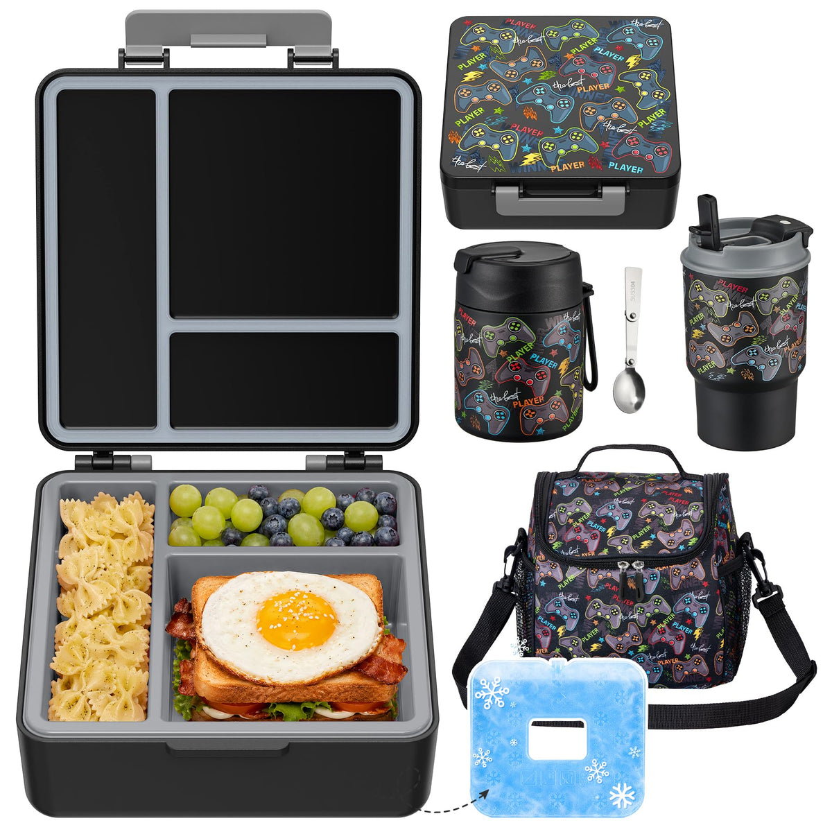 Pawtong Lunch Box Set with Bento Box Container, 17OZ Stainless Steel Food Soup Thermo, Kids Water Bottle & Portable Insulated Lunch Bag, Leakproof, Hot/Cold Retention for School, Travel (Dinasour)