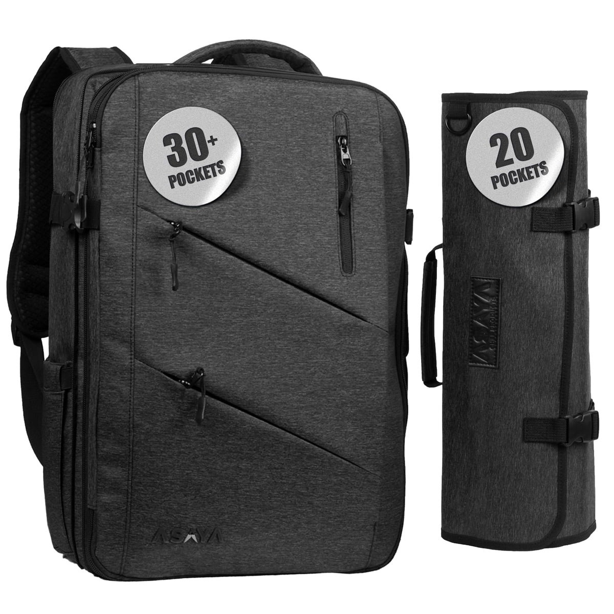 Asaya Chef Knife Backpack with 20-Pocket Knife Roll Bag - Over 30 Storage Pockets Chef Bag, Professional Backpack for Chefs and Culinary Students – Knives Not Included (Black)