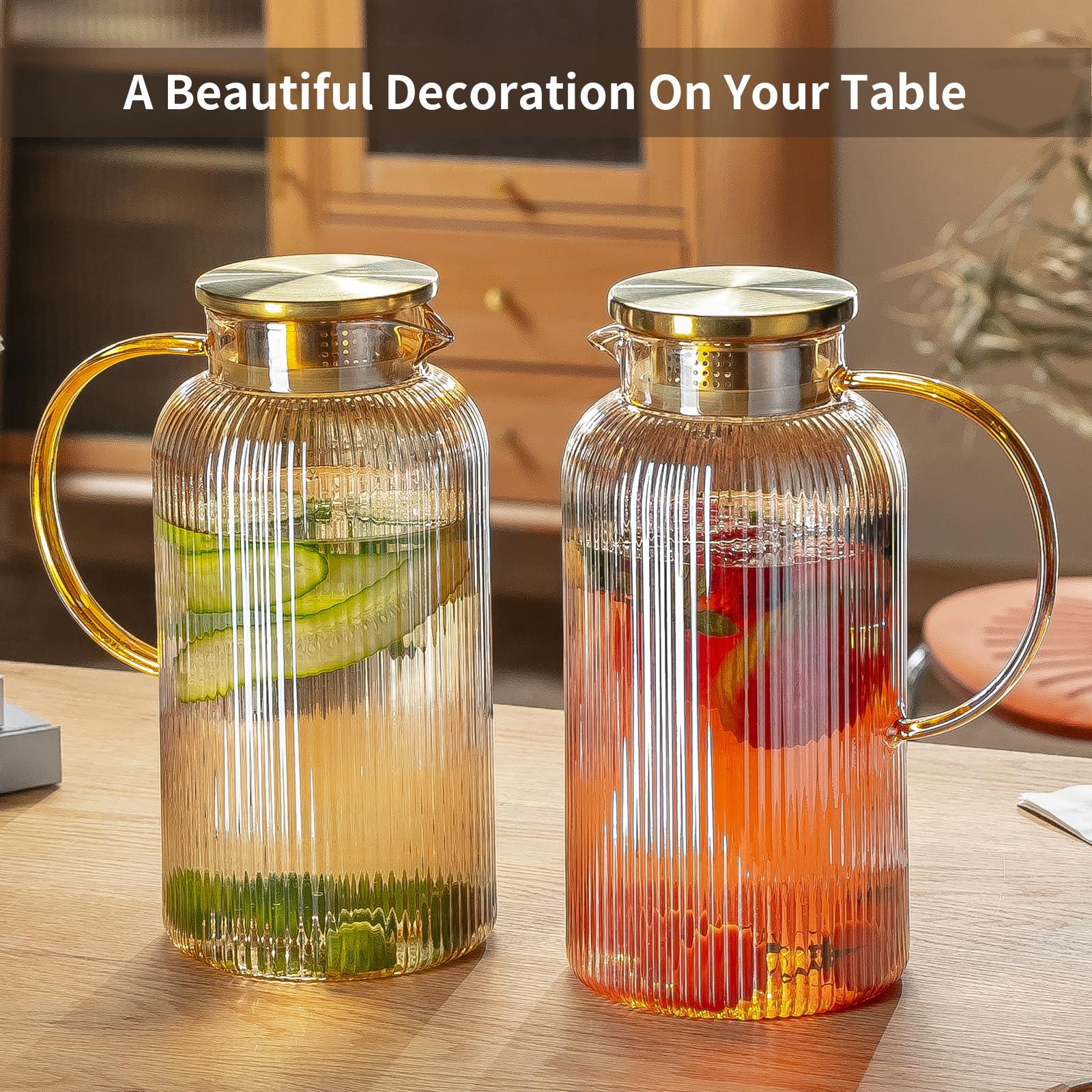 Buaic 2 PACK Glass Pitcher with Lid, 84 oz/ 2.5L Amber Glass Water Pitcher