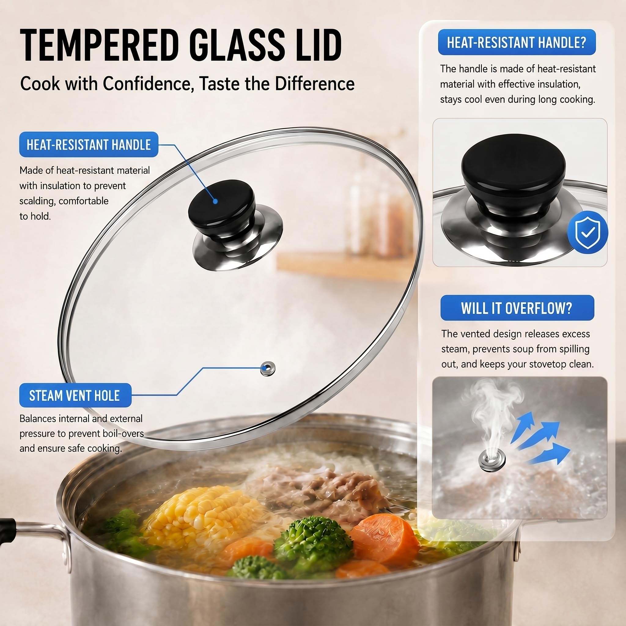 10.25 Inch Pan Lid, Universal Replacement Pot Lid for Frying Pans, Cast Iron Skillets, Round Tempered Glass Pan Cover with Steam Vent