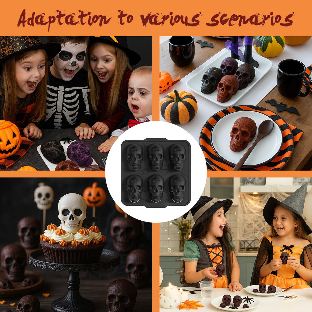 PinAmigos Silicone Skull Cake Pan with Metal Reinforced Frame - Spill-Proof & Sturdy 6-Cavity 3D Halloween Silicone Mold, Easy to Handle & Release for Cake, Chocolate, Jello