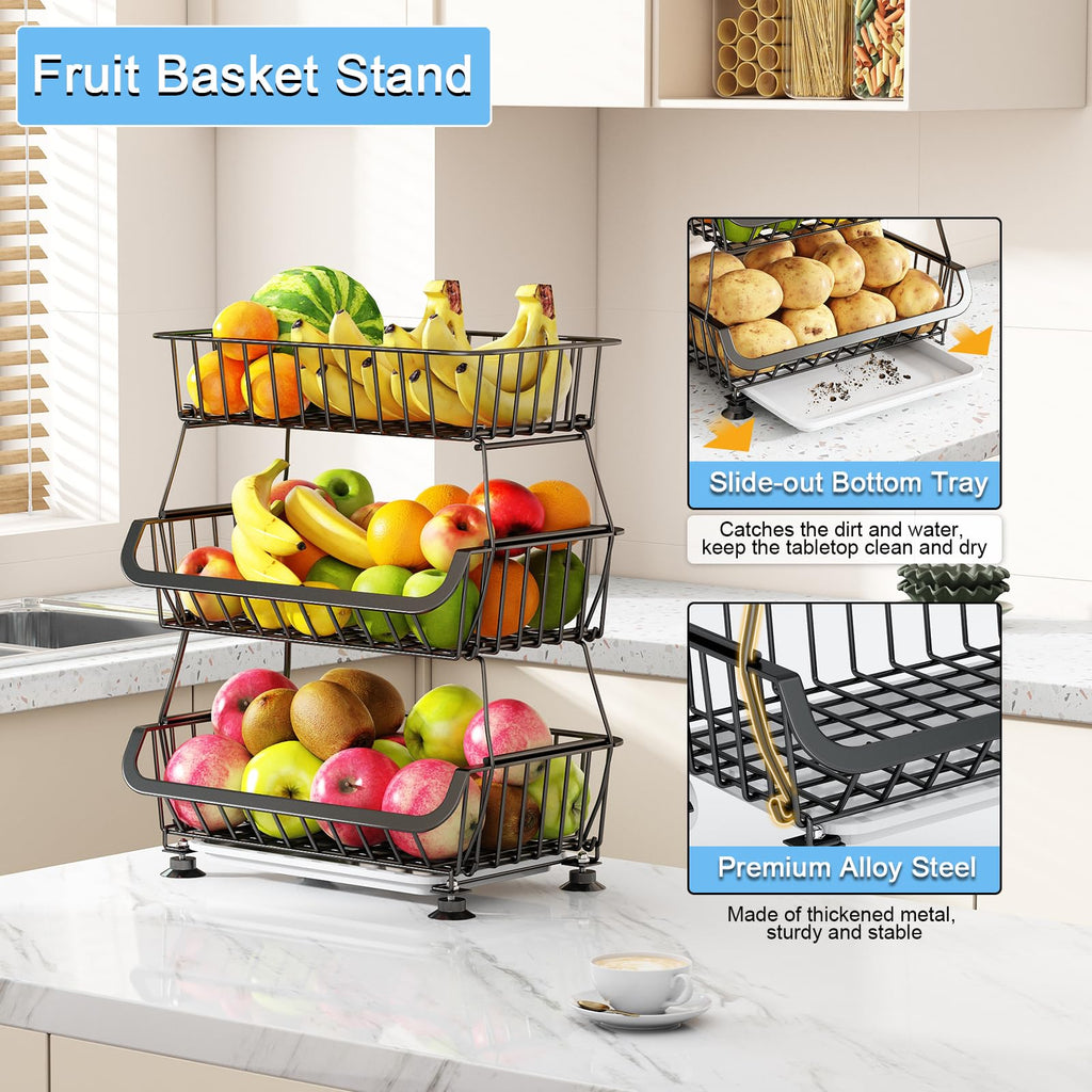 3-Tier Rolling Pantry Floor Organizer, Stackable Pantry Storage Cart with Wheels, Metal Wire Pantry Baskets, Kitchen Fruit Basket Stand, Vegetable Storage Rack for Fruits Snacks Onions Potatoes,1 Pack