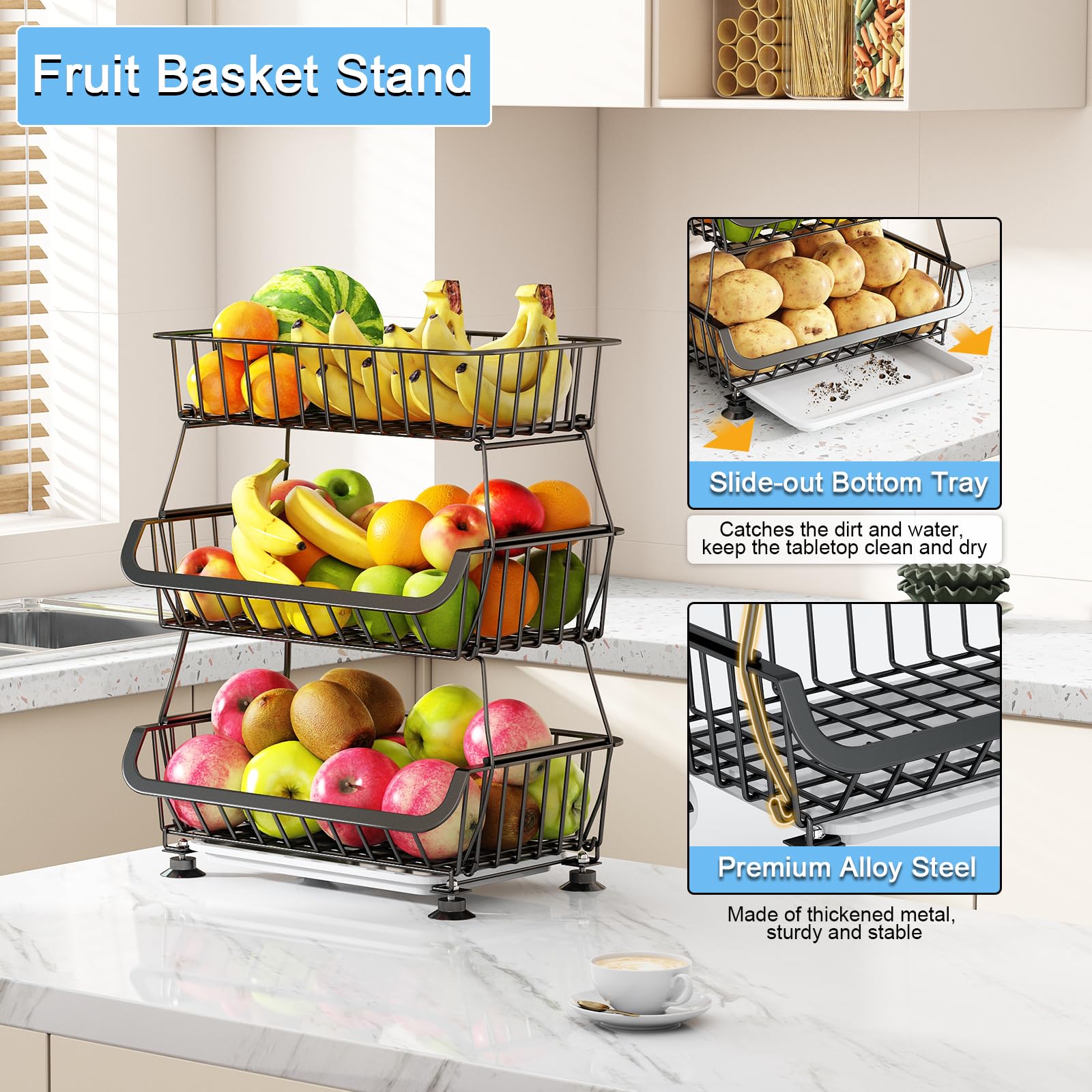 3-Tier Rolling Pantry Floor Organizer, Stackable Pantry Storage Cart with Wheels, Metal Wire Pantry Baskets, Kitchen Fruit Basket Stand, Vegetable Storage Rack for Fruits Snacks Onions Potatoes,1 Pack