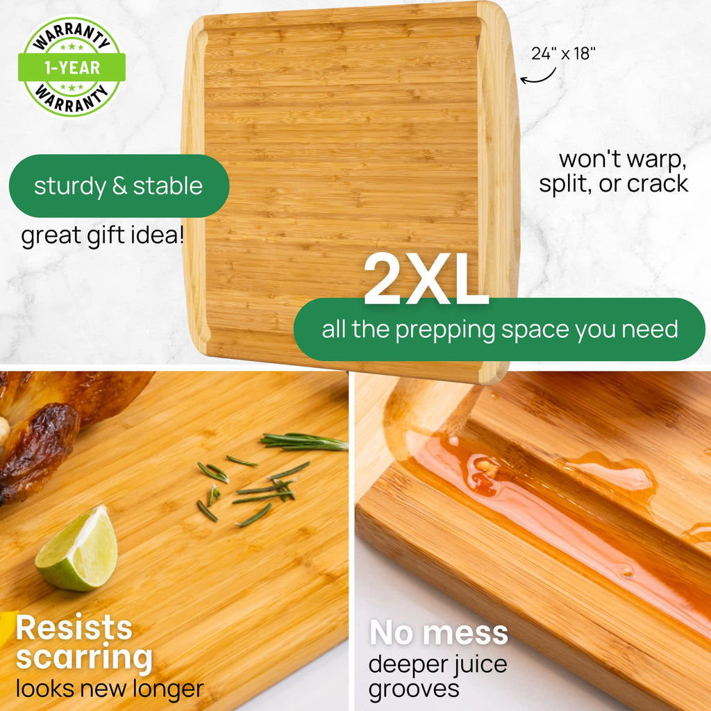 HUGE 24 Inch Bamboo Cutting Board with Lifetime Replacement - 2XL Extra Large Wooden Butcher Block for Kitchen, Stove Top, Meat, Vegetables, and Charcuterie with Deep Juice Grooves