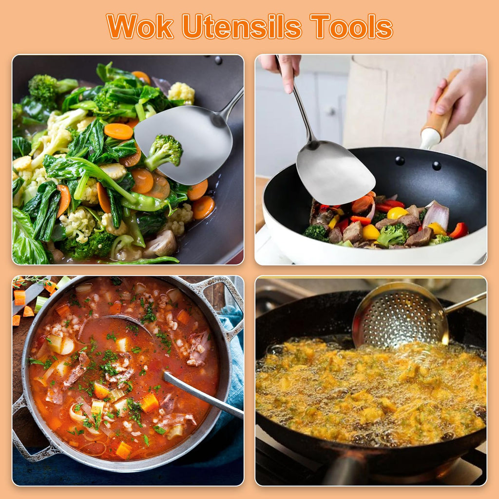 FJNATINH 4-Pieces 304 Stainless Steel Wok Spatula Set,Cooking Utensil Set,Soup Ladle Colander,Nonstick Kitchen Cooking Utensils Set with Spatula,Kitchenware Tools