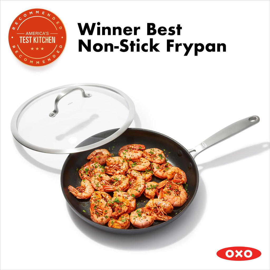 OXO Enhanced 12” Nonstick Frying Pan Skillet with Lid, Ceramic PFAS-Free Cookware, Durable Hard Anodized, Scratch Resistant, Stainless Steel Handle, Eggs & Omelets, Dishwasher & Oven Safe, Black