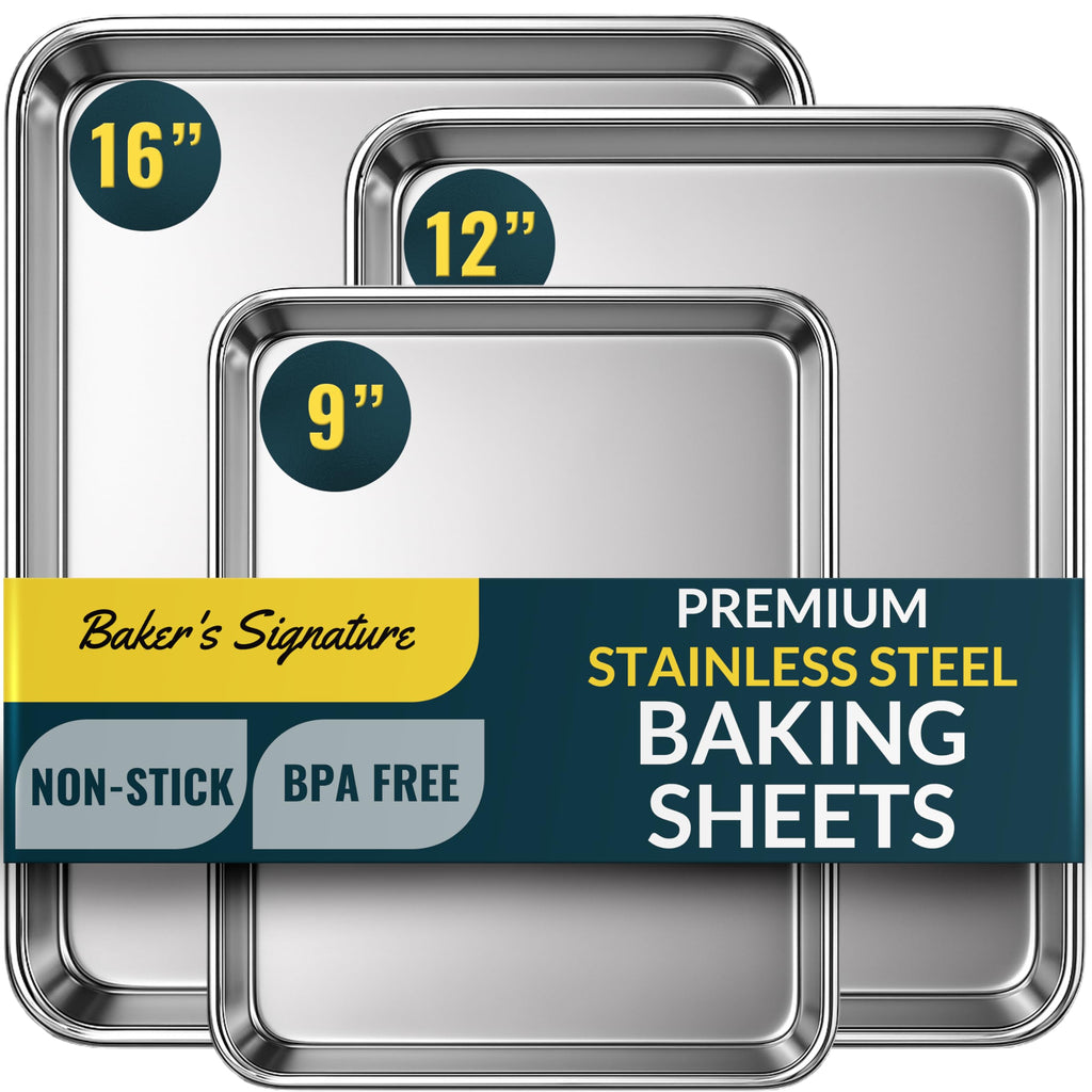 Stainless Steel Cookie Sheet Set of 3, 9/12/16" Baking Sheet Pans