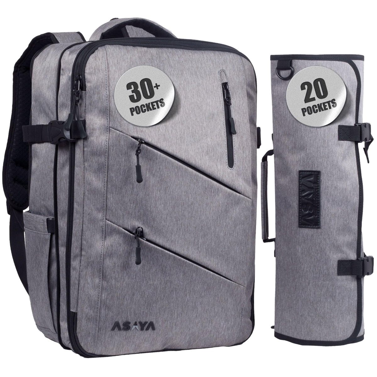 Asaya Chef Knife Backpack with 20-Pocket Knife Roll Bag - Over 30 Storage Pockets Chef Bag, Professional Backpack for Chefs and Culinary Students – Knives Not Included (Black)