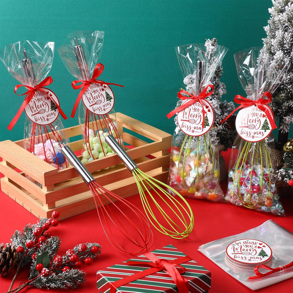 FoldTier 72 Sets 12 Inch Christmas Whisks Gifts DIY Fillable Christmas Tree Ornaments Xmas Colored Silicone Whisks for Cooking Heat Resistant Egg Beaters with Card Rope Bag for Candy Holder